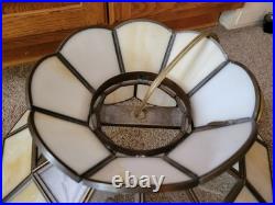 Vtg Stained Slag Glass Swag Lamp Light Tiffany-Style White Beige Leaf Designs