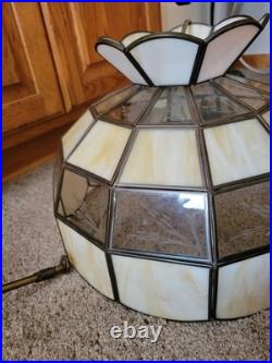 Vtg Stained Slag Glass Swag Lamp Light Tiffany-Style White Beige Leaf Designs