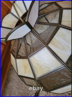 Vtg Stained Slag Glass Swag Lamp Light Tiffany-Style White Beige Leaf Designs