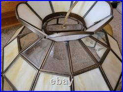 Vtg Stained Slag Glass Swag Lamp Light Tiffany-Style White Beige Leaf Designs