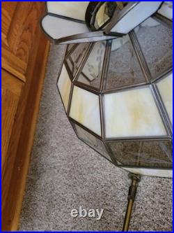 Vtg Stained Slag Glass Swag Lamp Light Tiffany-Style White Beige Leaf Designs