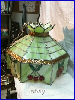 Vtg Tiffany Style Hanging Green Slag Glass Ceiling Light Fruit Lamp Shade 20