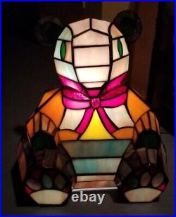 Vtg Tiffany Style Stained Glass Leaded Mosaic Teddy Bear Lamp Multi Color 10.5