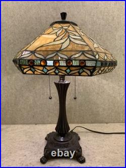 Vtg Tiffany Style Table Lamp Caramel Amber Jeweled Slag Stained Glass 2 Bulb 22
