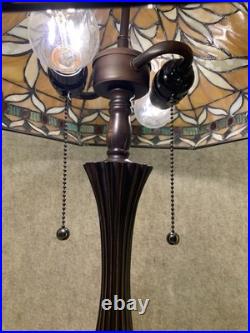 Vtg Tiffany Style Table Lamp Caramel Amber Jeweled Slag Stained Glass 2 Bulb 22