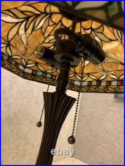 Vtg Tiffany Style Table Lamp Caramel Amber Jeweled Slag Stained Glass 2 Bulb 22