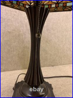 Vtg Tiffany Style Table Lamp Caramel Amber Jeweled Slag Stained Glass 2 Bulb 22