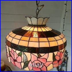 Vtg Tiffany style Hanging Slag Glass Pendant Lamp with pink Flowers