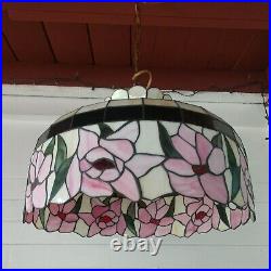 Vtg Tiffany style Hanging Slag Glass Pendant Lamp with pink Flowers