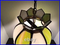 Vtg Tulip Variegated Lime Green White Slag Glass Hanging Swag Lamp 8 Panel Works