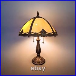 Vtge Dale Tiffany Slag Glass Brass 6 Panel Dual Bulbs/Cords Table Lamp Stunning
