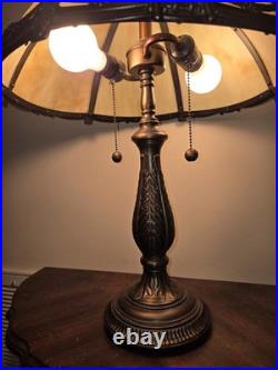 Vtge Dale Tiffany Slag Glass Brass 6 Panel Dual Bulbs/Cords Table Lamp Stunning