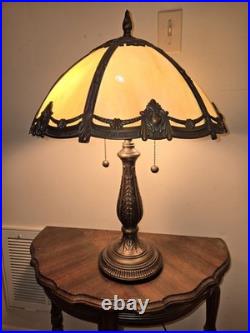 Vtge Dale Tiffany Slag Glass Brass 6 Panel Dual Bulbs/Cords Table Lamp Stunning