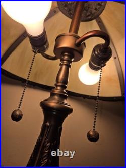Vtge Dale Tiffany Slag Glass Brass 6 Panel Dual Bulbs/Cords Table Lamp Stunning