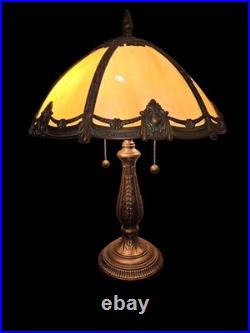 Vtge Dale Tiffany Slag Glass Brass 6 Panel Dual Bulbs/Cords Table Lamp Stunning Vtge Dale Tiffany Slag Glass Brass 6 Panel Dual Bulbs/Cords Table Lamp Stunning