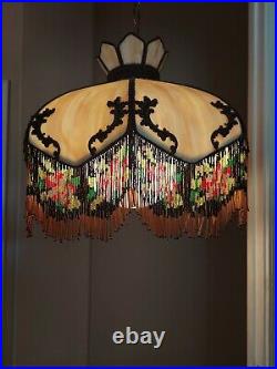 WAS $1450 Antique Victorian Carmel Slag Glass with Beaded Fringe Trim Hanging Lamp