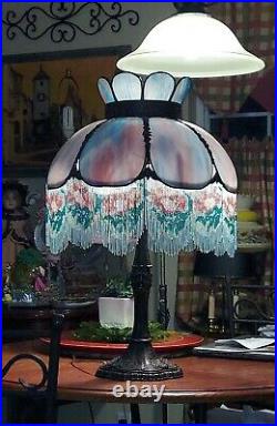 WAS $995 Antique Victorian Pink Blue Slag Glass Lamp with Beaded Floral Trim