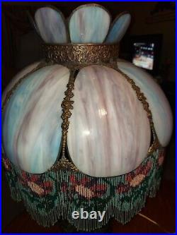 WAS $995 Antique Victorian Pink Blue Slag Glass Lamp with Beaded Floral Trim