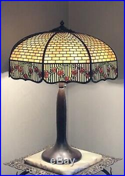 WOW! Antique SIGNED HANDEL Slag Glass Table Lamp Shade & Base Signed