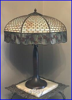 WOW! Antique SIGNED HANDEL Slag Glass Table Lamp Shade & Base Signed