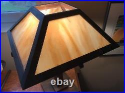W. B. Brown Co. Mission Oak Wood Slag Glass Panel Table Lamp Arts & Crafts Era