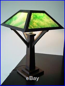 W. B. Brown Oak & Green Slag Glass Table Lamp 1915 Mission Arts & Crafts