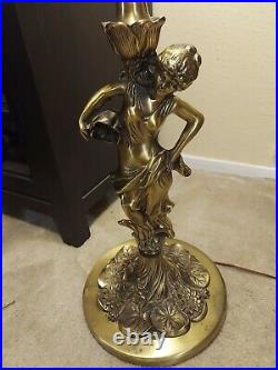 Was1450 Art Nouveau Slag Glass 6 Panel Brass Floor Lamp with Figural Lily Pad Base