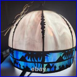 White & Blue Slag Glass Pendant Silhouette Lamp French Egyptian Revival Motif