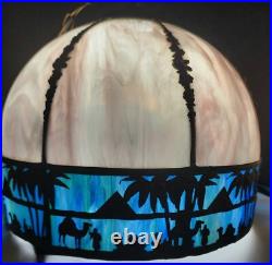 White & Blue Slag Glass Pendant Silhouette Lamp French Egyptian Revival Motif