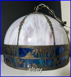 White & Blue Slag Glass Pendant Silhouette Lamp French Egyptian Revival Motif