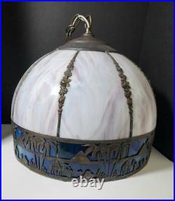 White & Blue Slag Glass Pendant Silhouette Lamp French Egyptian Revival Motif