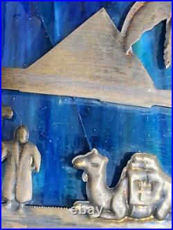 White & Blue Slag Glass Pendant Silhouette Lamp French Egyptian Revival Motif