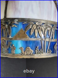 White & Blue Slag Glass Pendant Silhouette Lamp French Egyptian Revival Motif