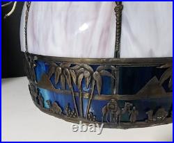 White & Blue Slag Glass Pendant Silhouette Lamp French Egyptian Revival Motif White & Blue Slag Glass Pendant Silhouette Lamp French Egyptian Revival Motif