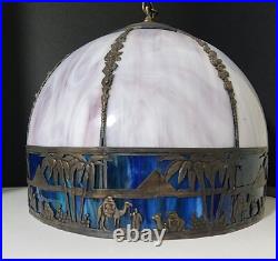 White & Blue Slag Glass Pendant Silhouette Lamp French Egyptian Revival Motif