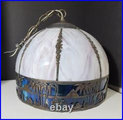 White & Blue Slag Glass Pendant Silhouette Lamp French Egyptian Revival Motif