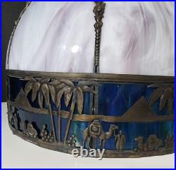 White & Blue Slag Glass Pendant Silhouette Lamp French Egyptian Revival Motif