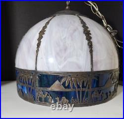 White & Blue Slag Glass Pendant Silhouette Lamp French Egyptian Revival Motif