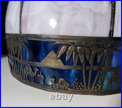 White & Blue Slag Glass Pendant Silhouette Lamp French Egyptian Revival Motif