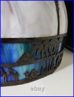 White & Blue Slag Glass Pendant Silhouette Lamp French Egyptian Revival Motif