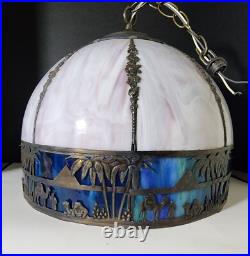 White & Blue Slag Glass Pendant Silhouette Lamp French Egyptian Revival Motif