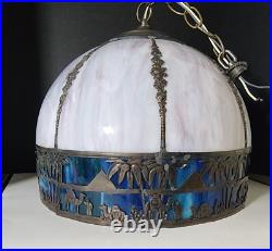 White & Blue Slag Glass Pendant Silhouette Lamp French Egyptian Revival Motif