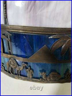 White & Blue Slag Glass Pendant Silhouette Lamp French Egyptian Revival Motif
