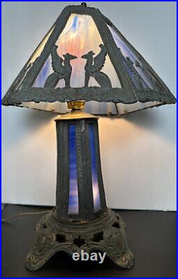 Winged Griffin Art & Craft Mission Blue & White Stained Slag Glass Lamp Antique