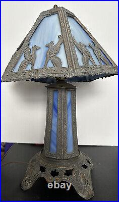 Winged Griffin Art & Craft Mission Blue & White Stained Slag Glass Lamp Antique