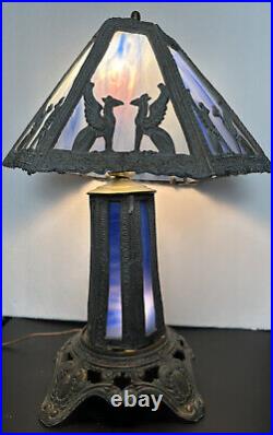 Winged Griffin Art & Craft Mission Blue & White Stained Slag Glass Lamp Antique