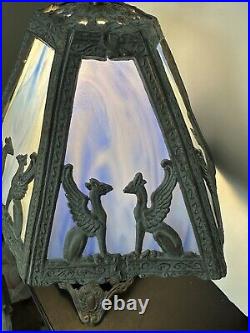 Winged Griffin Art & Craft Mission Blue & White Stained Slag Glass Lamp Antique